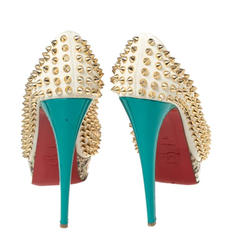 Pre Owned Christian Louboutin Off-White Leather Lady Peep-Toe Spikes Platform Pumps Size 37 