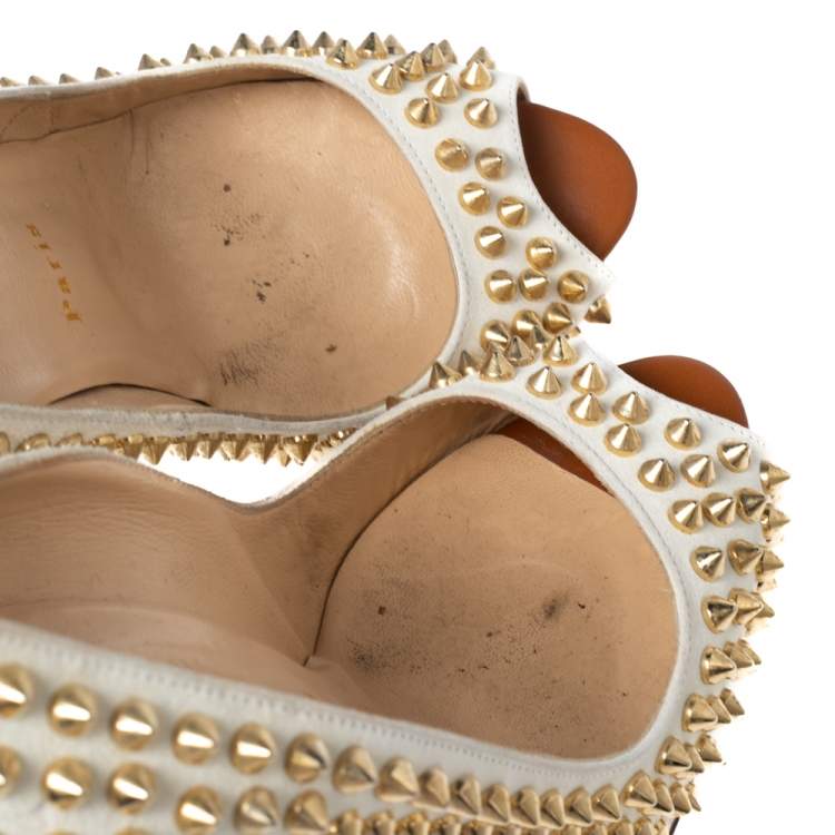 Pre Owned Christian Louboutin Off-White Leather Lady Peep-Toe Spikes Platform Pumps Size 37 