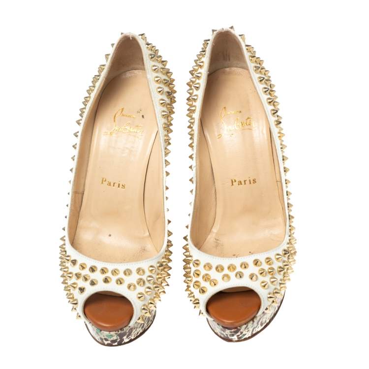 Pre Owned Christian Louboutin Off-White Leather Lady Peep-Toe Spikes Platform Pumps Size 37 