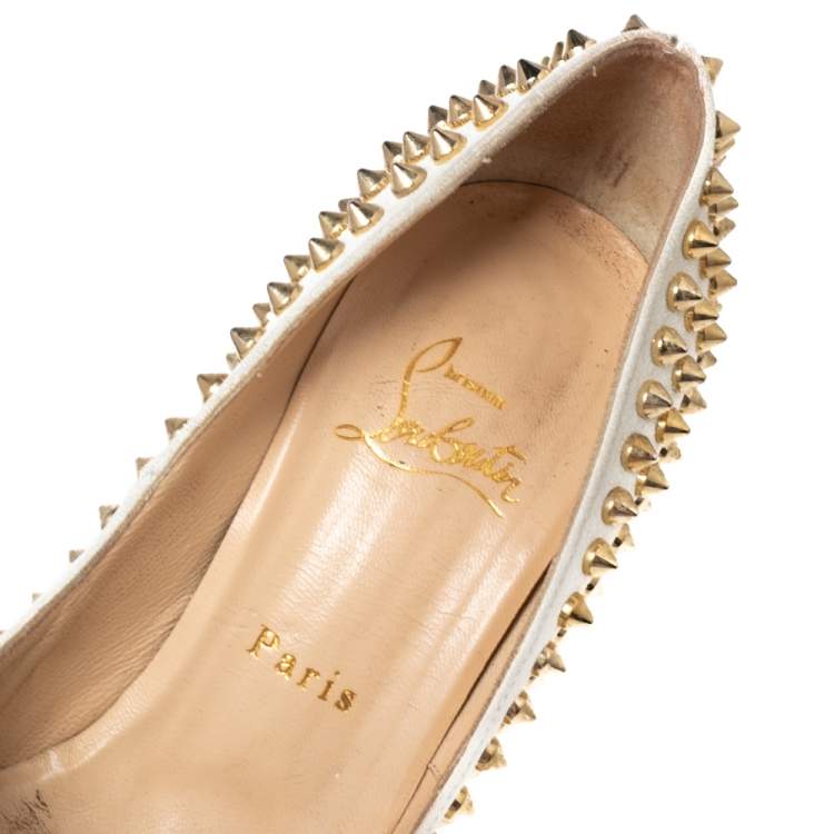 Pre Owned Christian Louboutin Off-White Leather Lady Peep-Toe Spikes Platform Pumps Size 37 