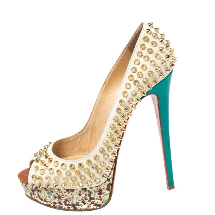 Pre Owned Christian Louboutin Off-White Leather Lady Peep-Toe Spikes Platform Pumps Size 37 