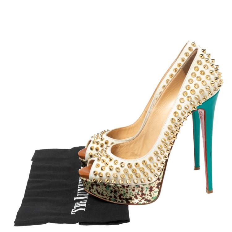 Pre Owned Christian Louboutin Off-White Leather Lady Peep-Toe Spikes Platform Pumps Size 37 