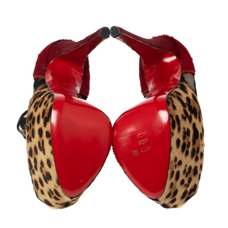 Pre Owned Christian Louboutin Leopard Print/Red Pony Hair and Black Lace Aeronotoc Booties Size 37.5