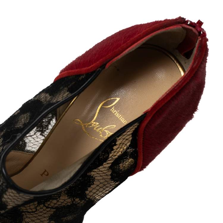 Pre Owned Christian Louboutin Leopard Print/Red Pony Hair and Black Lace Aeronotoc Booties Size 37.5