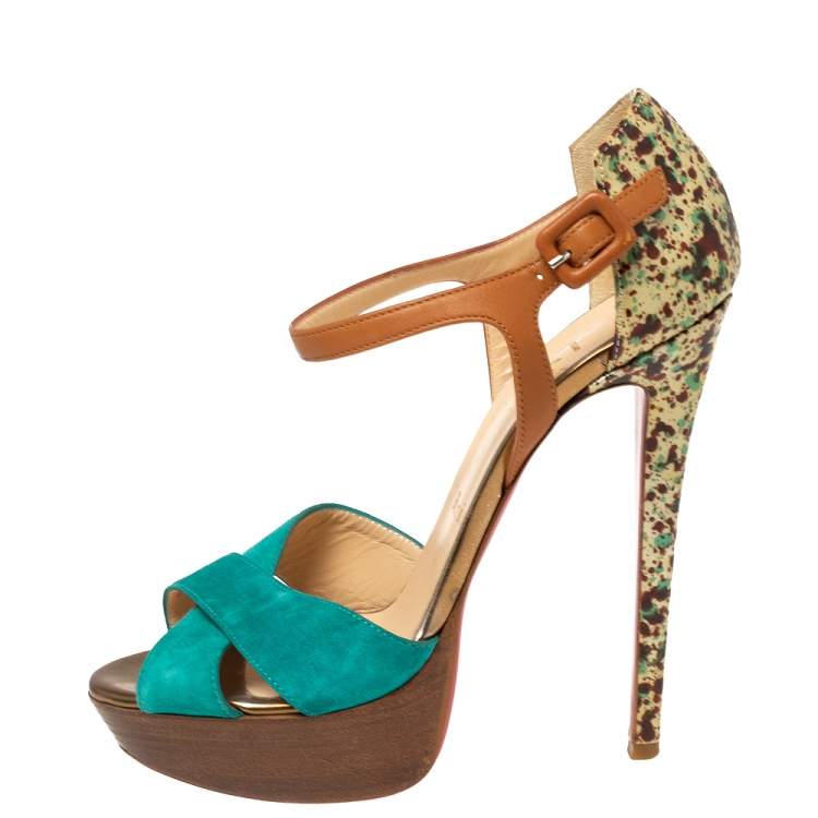 Pre Owned Christian Louboutin Multicolor Suede And Leather Ankle Strap Platform Sandals Size 37