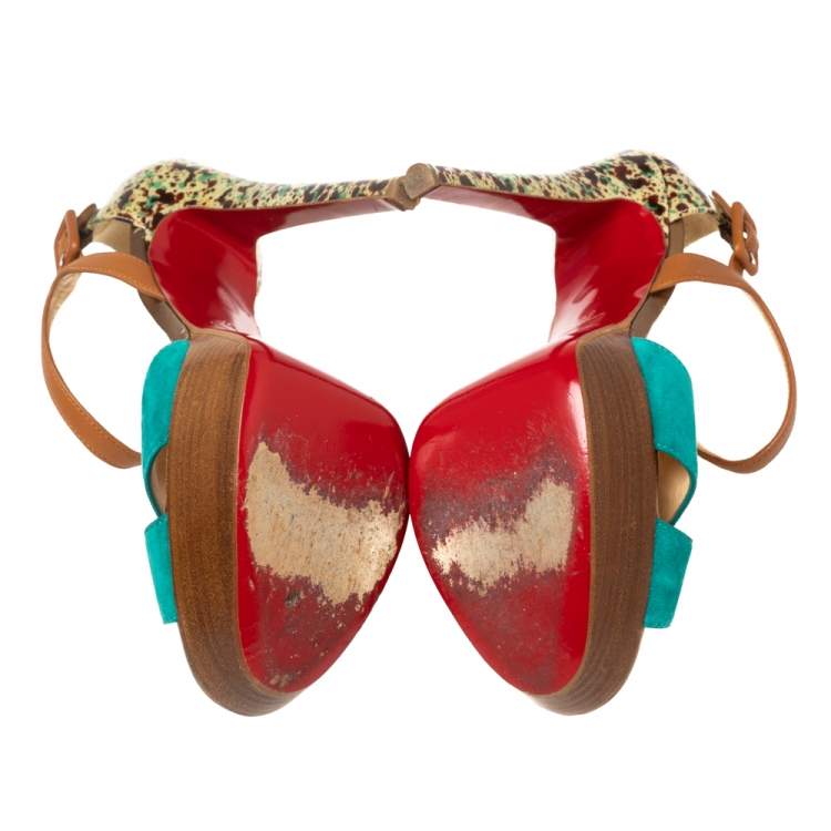 Pre Owned Christian Louboutin Multicolor Suede And Leather Ankle Strap Platform Sandals Size 37