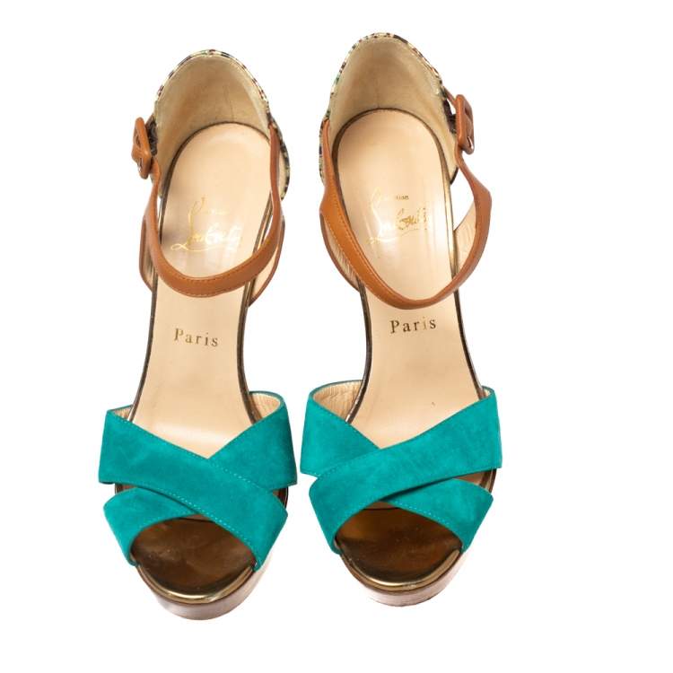 Pre Owned Christian Louboutin Multicolor Suede And Leather Ankle Strap Platform Sandals Size 37