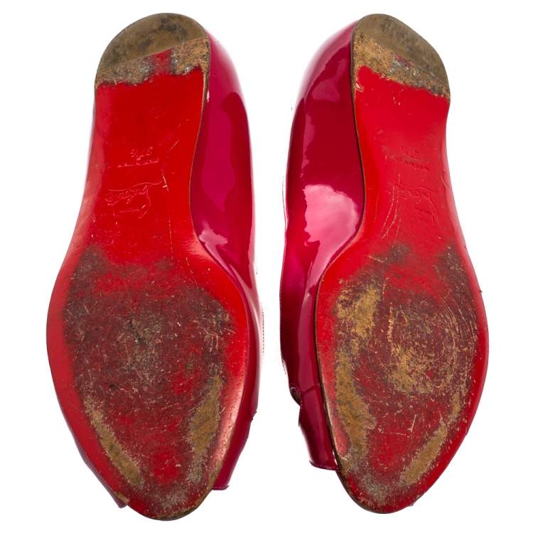 Pre Owned Christian Louboutin Pink Patent Leather Flat Peep-Toe Ballet Flats Size 37.5