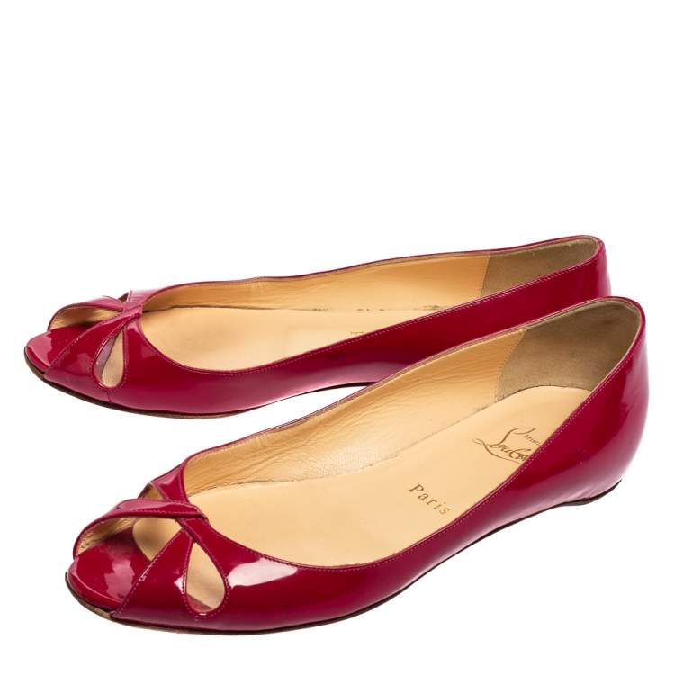 Pre Owned Christian Louboutin Pink Patent Leather Flat Peep-Toe Ballet Flats Size 37.5