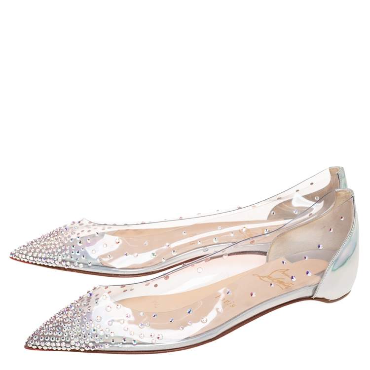 Pre Owned Christian Louboutin Silver Iridescent Leather and PVC Degrastrass Pointed-Toe Ballet Flats Size 37