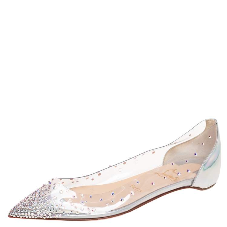 Pre Owned Christian Louboutin Silver Iridescent Leather and PVC Degrastrass Pointed-Toe Ballet Flats Size 37