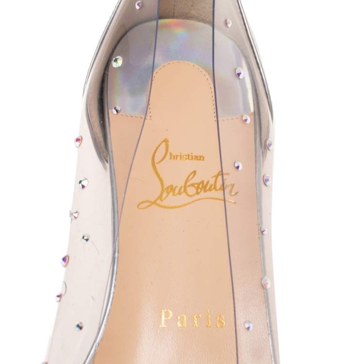 Pre Owned Christian Louboutin Silver Iridescent Leather and PVC Degrastrass Pointed-Toe Ballet Flats Size 37