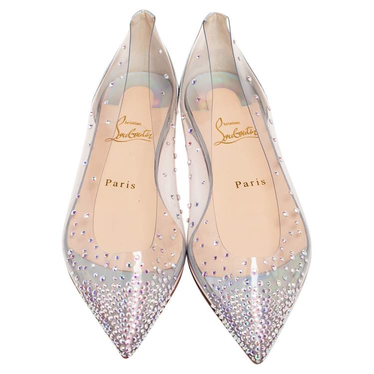 Pre Owned Christian Louboutin Silver Iridescent Leather and PVC Degrastrass Pointed-Toe Ballet Flats Size 37
