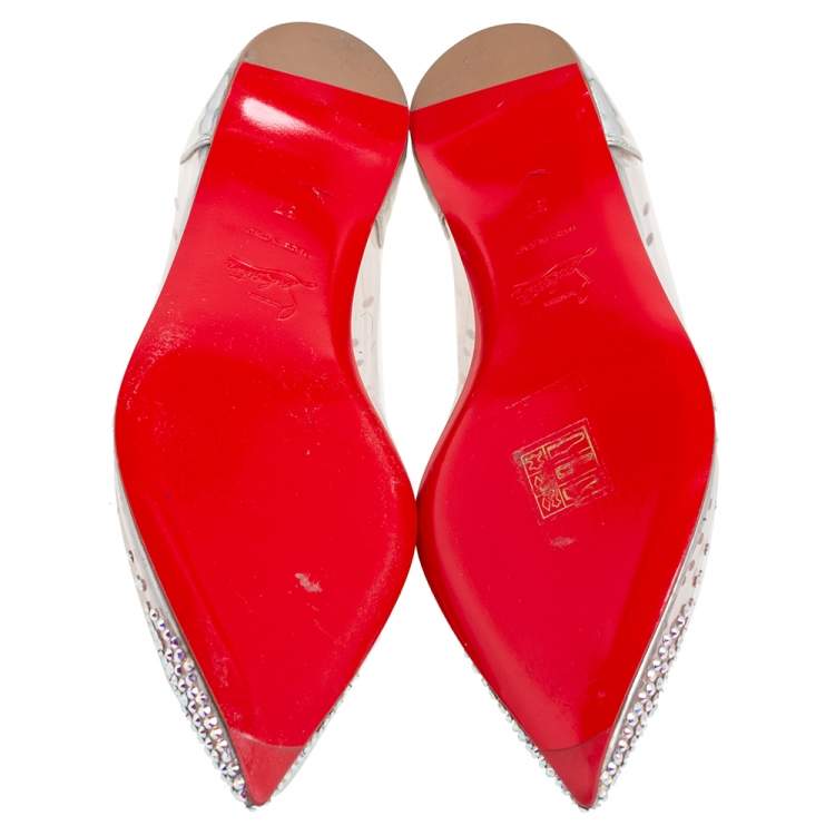 Pre Owned Christian Louboutin Silver Iridescent Leather and PVC Degrastrass Pointed-Toe Ballet Flats Size 37