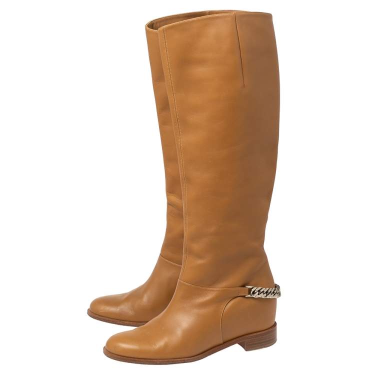 Pre Owned Christian Louboutin Tan Leather Cate Chain-Trimmed Calf Boots Size 37.5