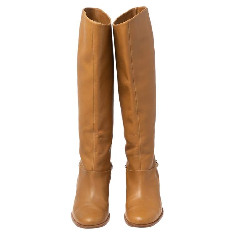 Pre Owned Christian Louboutin Tan Leather Cate Chain-Trimmed Calf Boots Size 37.5