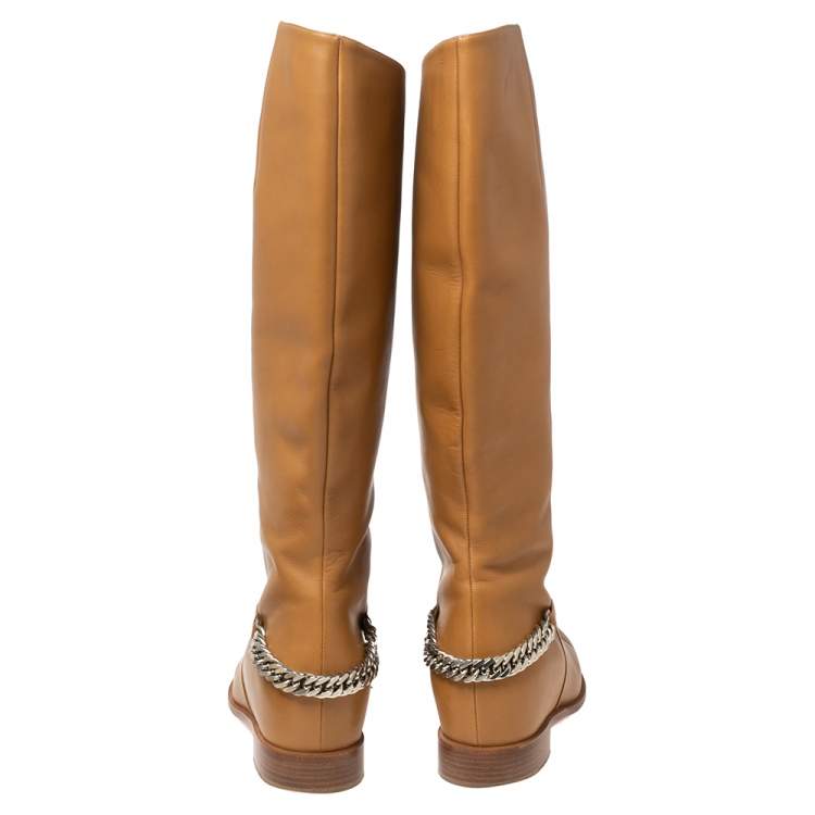 Pre Owned Christian Louboutin Tan Leather Cate Chain-Trimmed Calf Boots Size 37.5