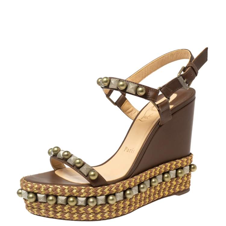 Christian Louboutin Brown Studded Leather Cataclou Espadrille Wedge Sandals  Size 38 Christian Louboutin