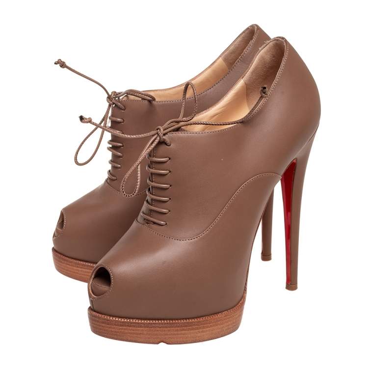 Pre Owned Christian Louboutin Light Brown Leather Miss Poppins Lace-Up Peep-Toe Platform Booties Size 36