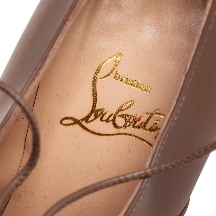 Pre Owned Christian Louboutin Light Brown Leather Miss Poppins Lace-Up Peep-Toe Platform Booties Size 36
