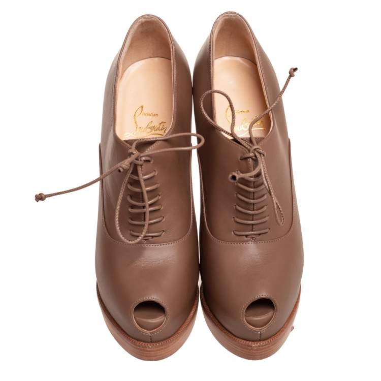 Pre Owned Christian Louboutin Light Brown Leather Miss Poppins Lace-Up Peep-Toe Platform Booties Size 36