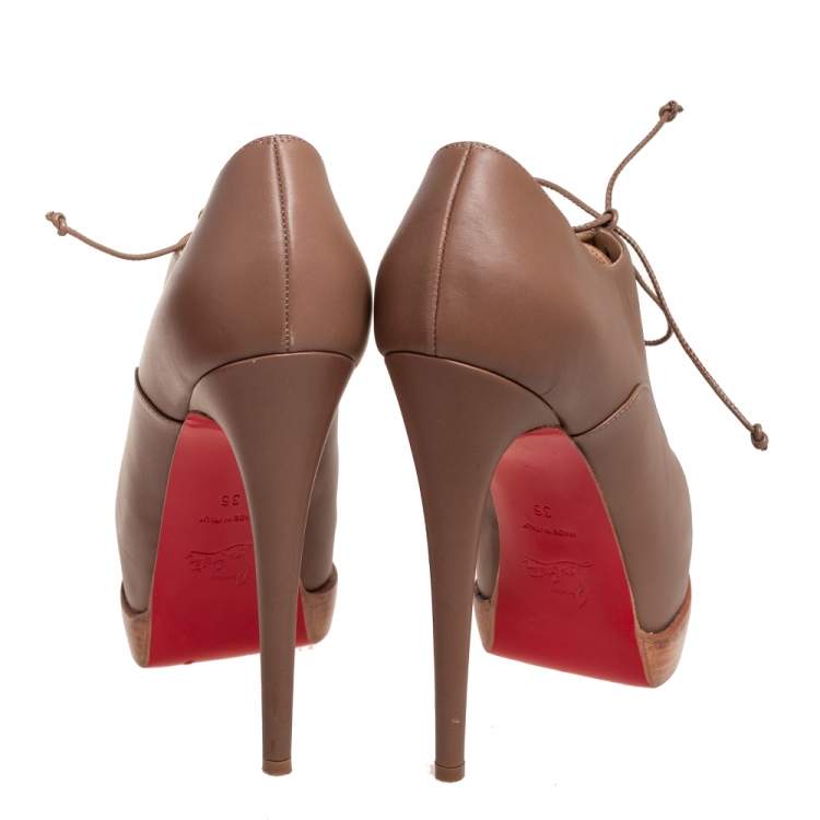 Pre Owned Christian Louboutin Light Brown Leather Miss Poppins Lace-Up Peep-Toe Platform Booties Size 36