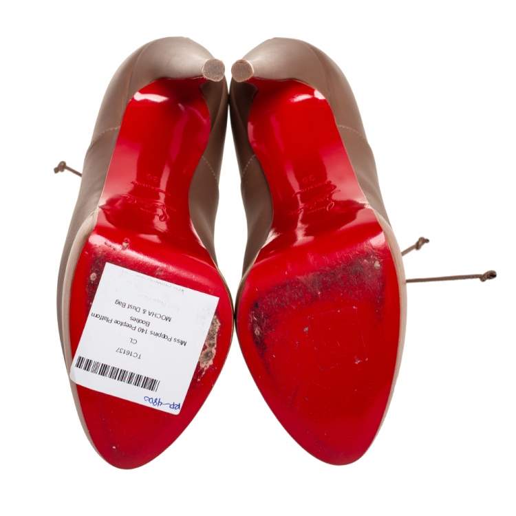 Pre Owned Christian Louboutin Light Brown Leather Miss Poppins Lace-Up Peep-Toe Platform Booties Size 36