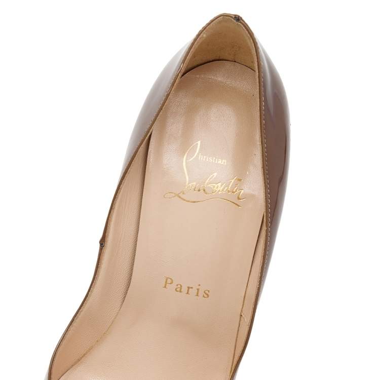 Pre Owned Christian Louboutin Olive Patent Leather Flo Peep Toe Pumps Size 37