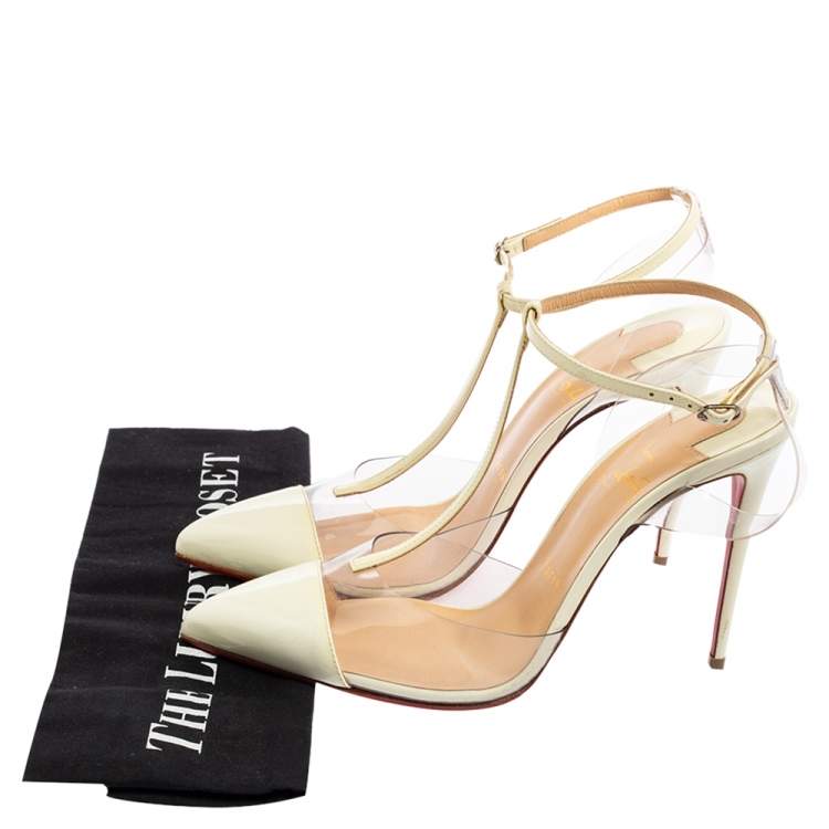 Pre Owned Christian Louboutin Off-White Patent Leather and PVC Nosy T-Bar Pumps Size 38.5