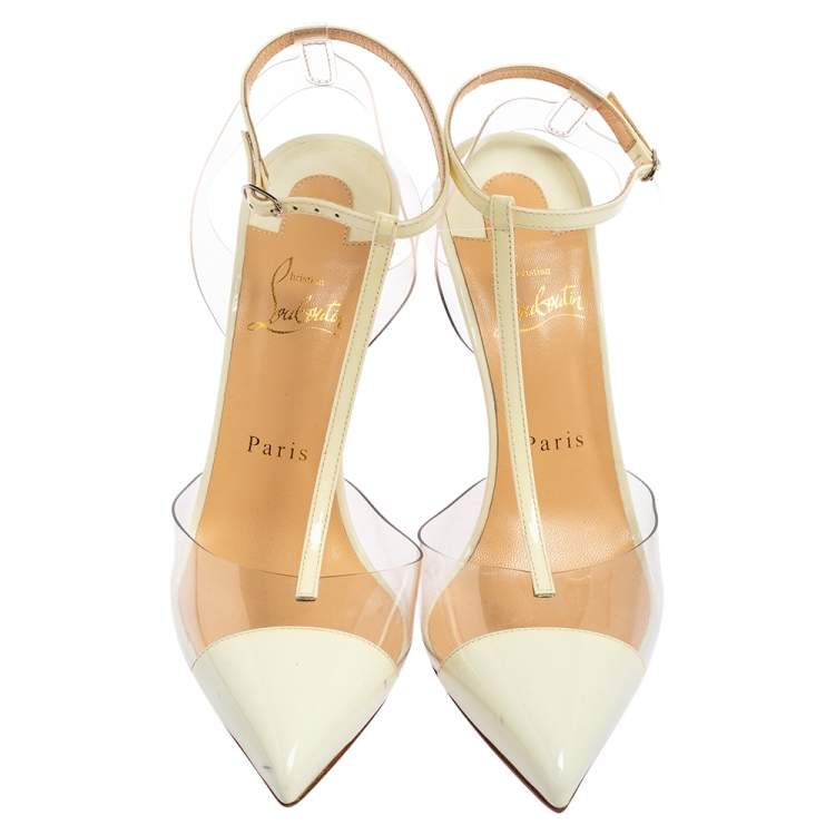 Pre Owned Christian Louboutin Off-White Patent Leather and PVC Nosy T-Bar Pumps Size 38.5