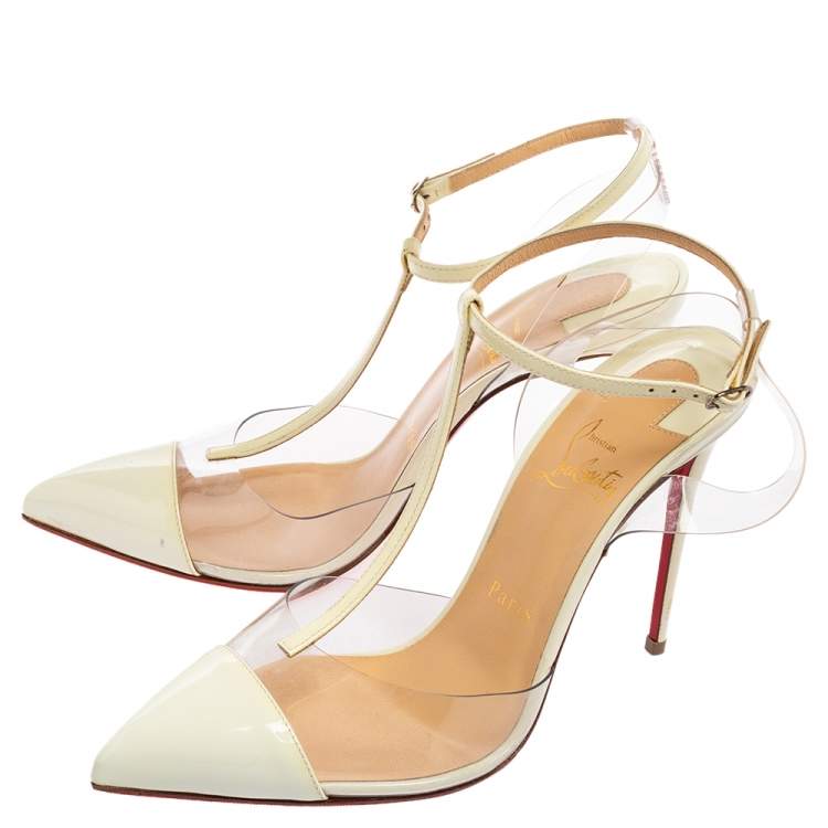Pre Owned Christian Louboutin Off-White Patent Leather and PVC Nosy T-Bar Pumps Size 38.5