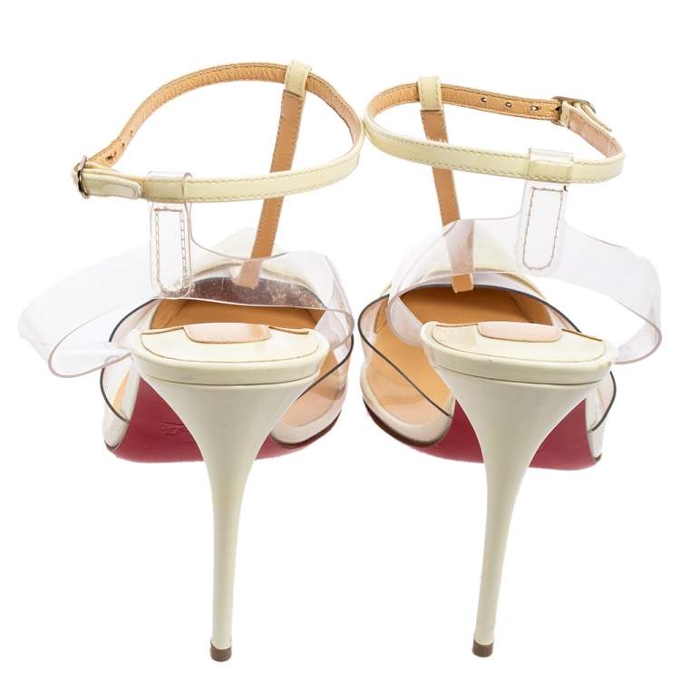 Pre Owned Christian Louboutin Off-White Patent Leather and PVC Nosy T-Bar Pumps Size 38.5