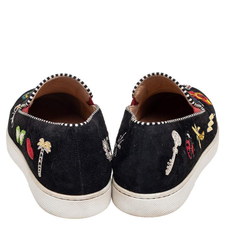 Pre Owned Christian Louboutin Black Suede Embellished Pik N Luck Slip-On Sneakers Size 38.5 