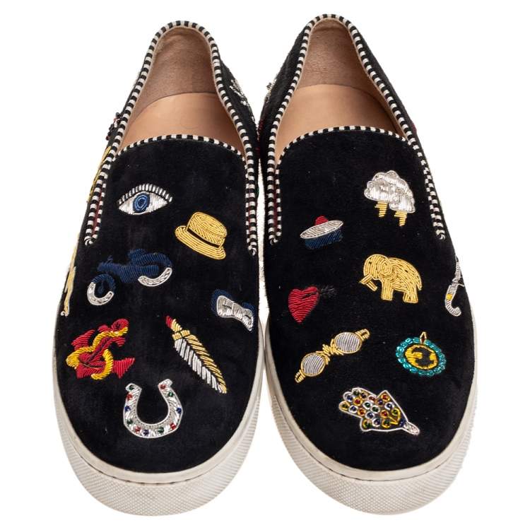 Pre Owned Christian Louboutin Black Suede Embellished Pik N Luck Slip-On Sneakers Size 38.5 