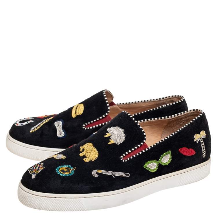 Pre Owned Christian Louboutin Black Suede Embellished Pik N Luck Slip-On Sneakers Size 38.5 
