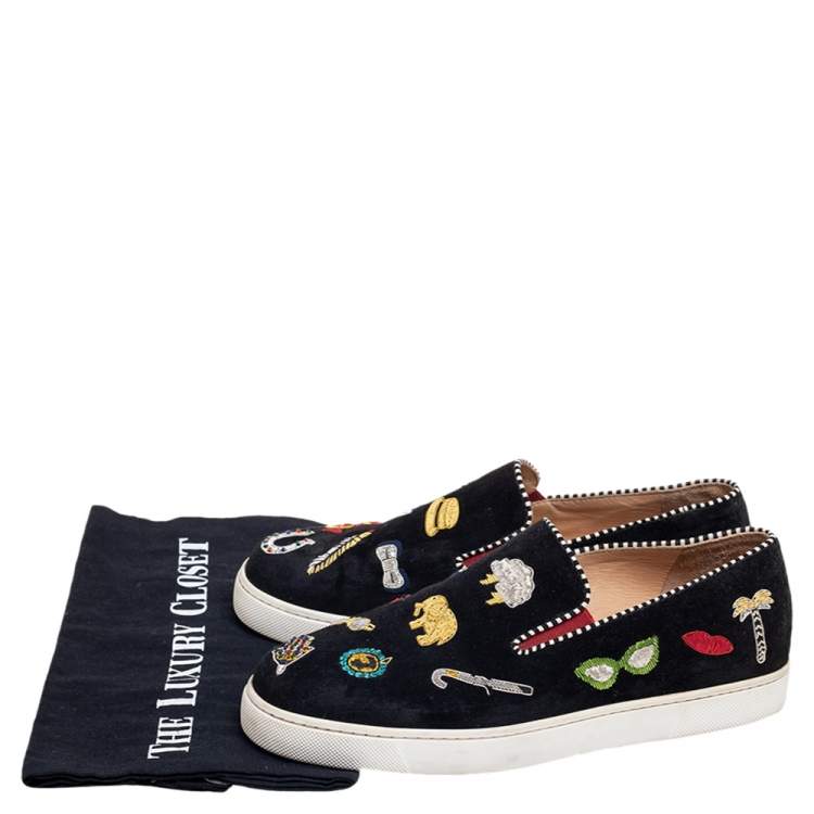 Pre Owned Christian Louboutin Black Suede Embellished Pik N Luck Slip-On Sneakers Size 38.5 