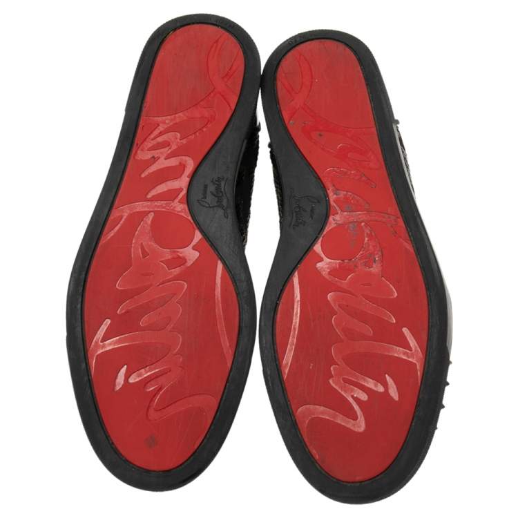 Pre Owned Christian Louboutin Black Lurex Fabric And Paten Leather Spiked Orlato Low Top Sneakers 40