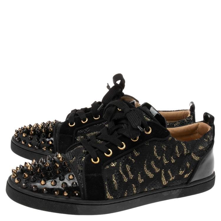 Pre Owned Christian Louboutin Black Lurex Fabric And Paten Leather Spiked Orlato Low Top Sneakers 40