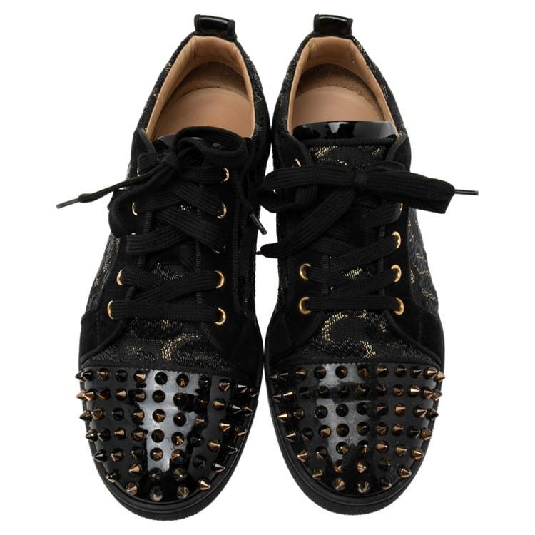 Pre Owned Christian Louboutin Black Lurex Fabric And Paten Leather Spiked Orlato Low Top Sneakers 40