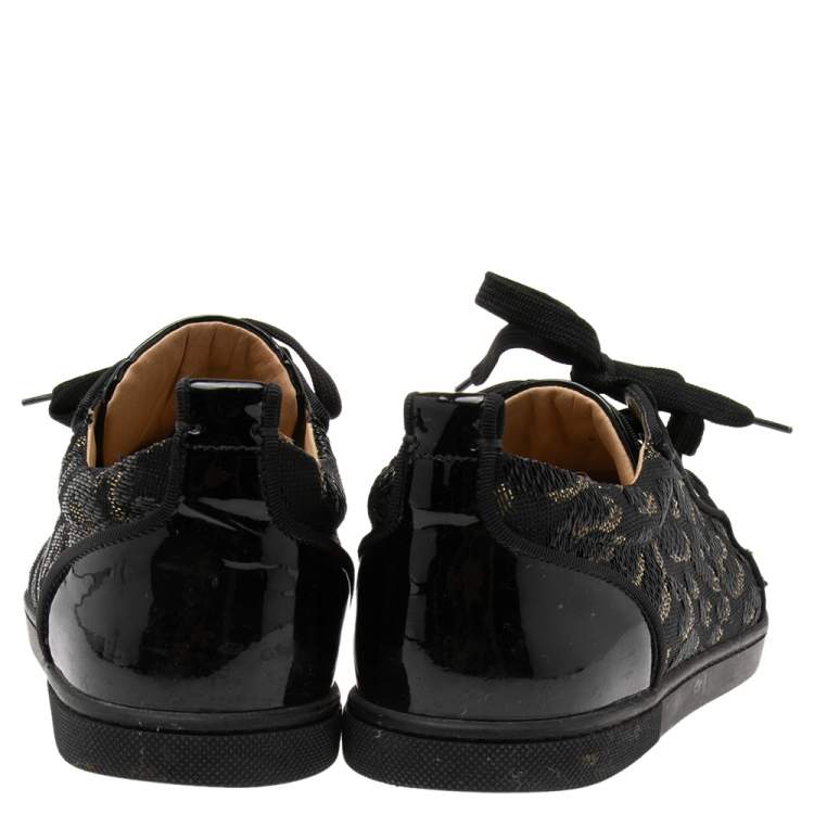 Pre Owned Christian Louboutin Black Lurex Fabric And Paten Leather Spiked Orlato Low Top Sneakers 40