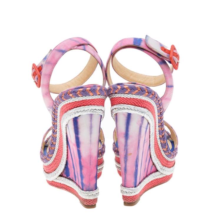 Pre Owned Christian Louboutin Multicolor Fabric New Duplice Ankle Strap Wedges Platform Sandals Size 39
