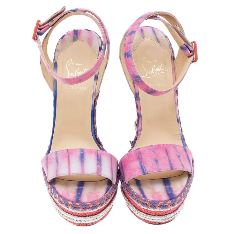 Pre Owned Christian Louboutin Multicolor Fabric New Duplice Ankle Strap Wedges Platform Sandals Size 39