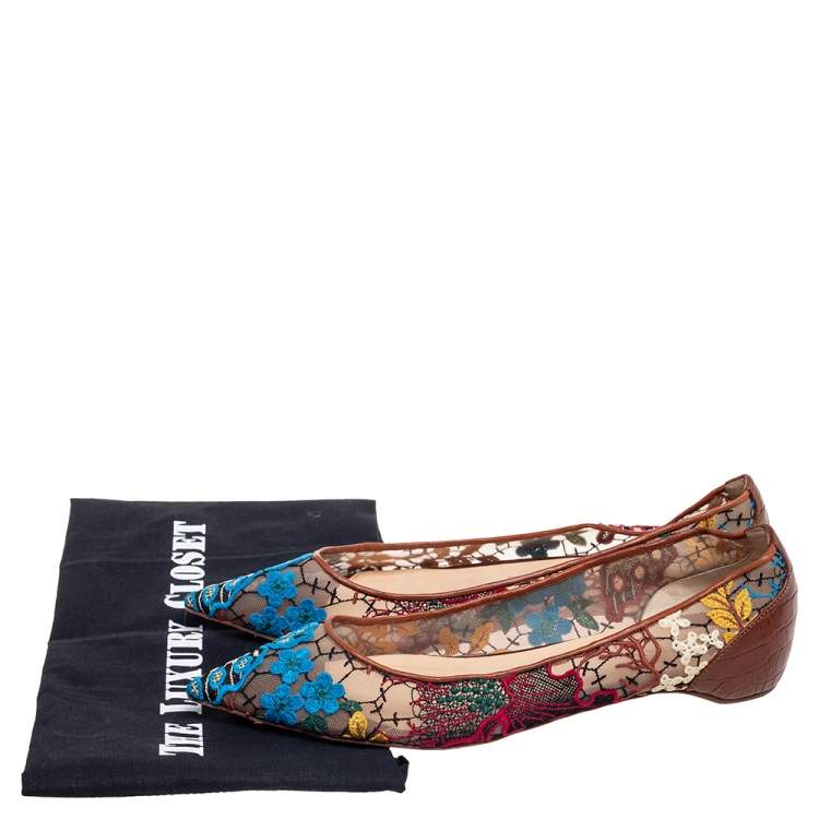 مملوكة مسبقًا Christian Louboutin Multicolor Embroidered Mesh and Croc Embossed Leather Follies Ballet Flats Size 39.5