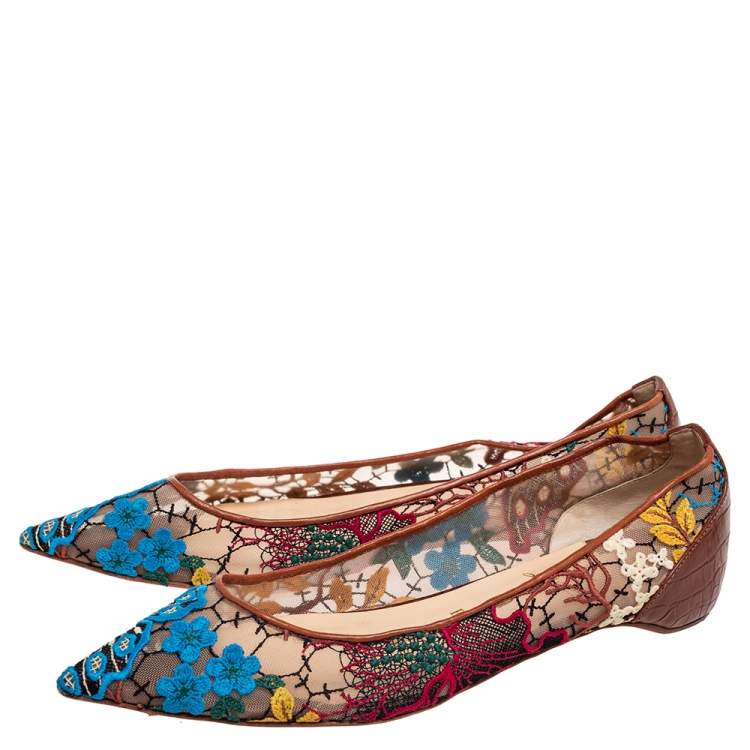 مملوكة مسبقًا Christian Louboutin Multicolor Embroidered Mesh and Croc Embossed Leather Follies Ballet Flats Size 39.5