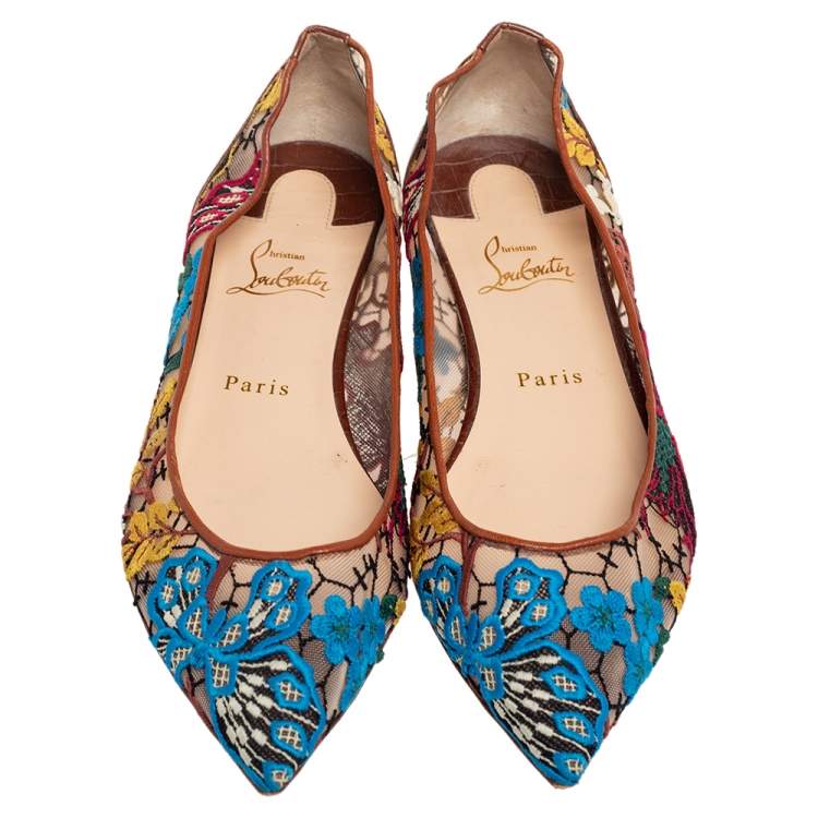 مملوكة مسبقًا Christian Louboutin Multicolor Embroidered Mesh and Croc Embossed Leather Follies Ballet Flats Size 39.5