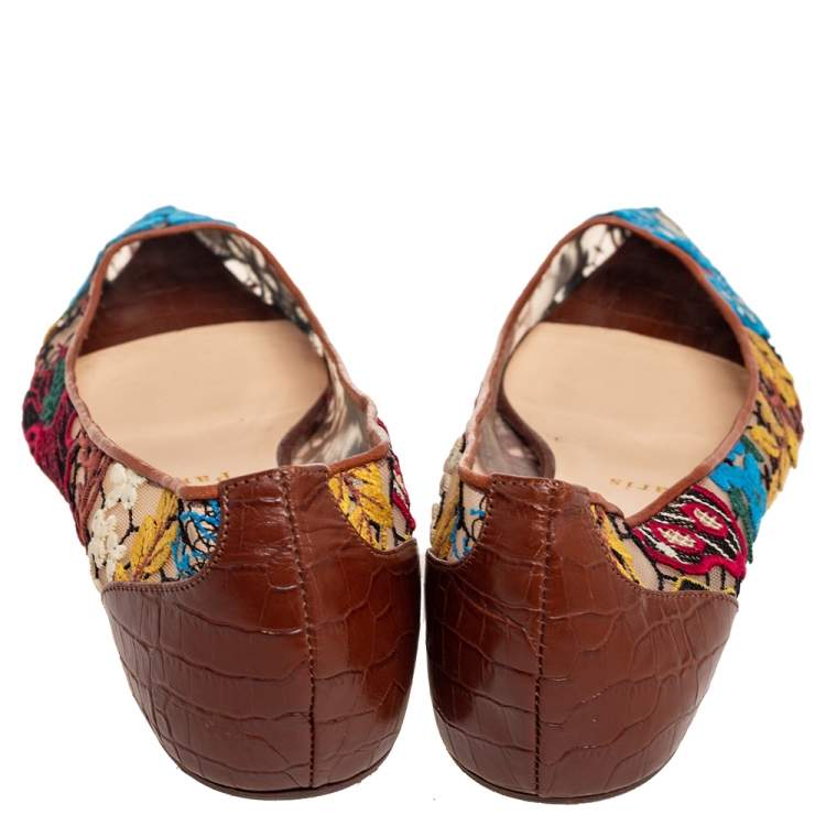 مملوكة مسبقًا Christian Louboutin Multicolor Embroidered Mesh and Croc Embossed Leather Follies Ballet Flats Size 39.5