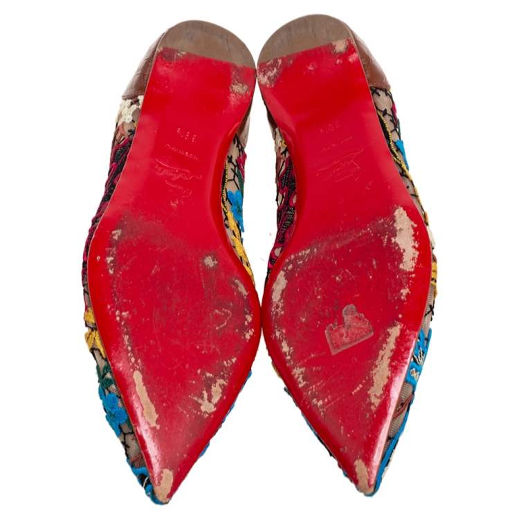 مملوكة مسبقًا Christian Louboutin Multicolor Embroidered Mesh and Croc Embossed Leather Follies Ballet Flats Size 39.5