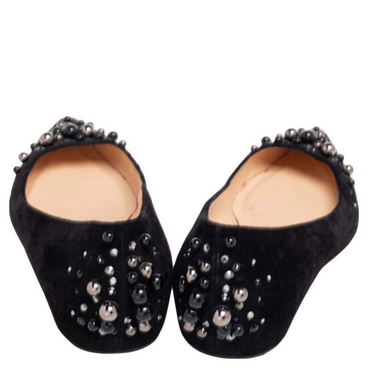 Pre Owned Christian Louboutin Black Crystal Beaded Embellished Suede Ballet Flats Size 39