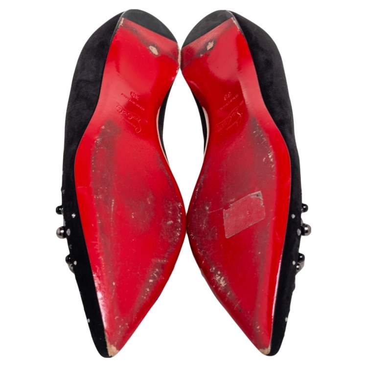 Pre Owned Christian Louboutin Black Crystal Beaded Embellished Suede Ballet Flats Size 39