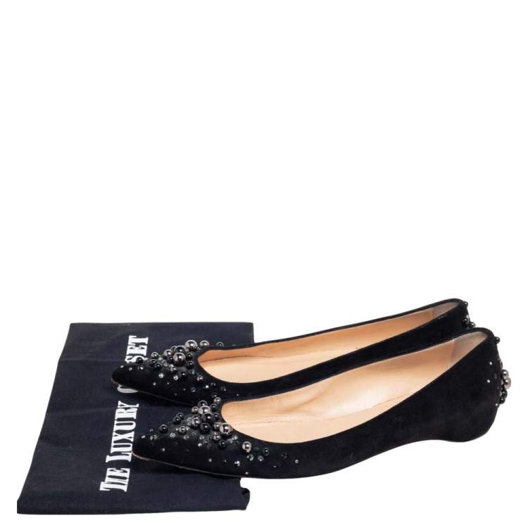 Pre Owned Christian Louboutin Black Crystal Beaded Embellished Suede Ballet Flats Size 39